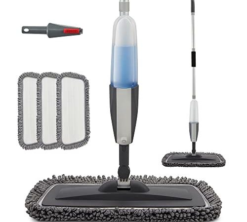 Bellababy Balais Serpillère, Spray Mop avec 3 Tampons de Vadrouille de Rechange, Balai Plat pour la Maison, la Cuisine, Le Bois Dur, Le Stratifié, Le Bois, la Céramique, 450 ML (Gris)