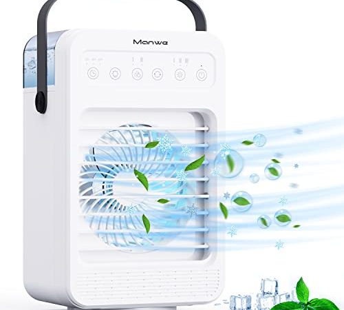 Climatiseur portable,Manwe Mini refroidisseur d'air 4 en 1,Oscillation à 90 °,4 Vitesses,2 Modes de pulvérisation,minuterie 2/4/6H,Pour chambre/bureau/VR……