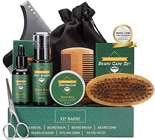 Kit Soins Barbe pour Hommes, Kit Barbe Hommes avec Shampoing Barbe, Huile Barbe, Crèmes de Barbe, Peigne Barbe, Brosse à Barbe, Ciseaux Barbe, Kit Entretien Barbe Homme, Coffret Cadeaux pour Homme