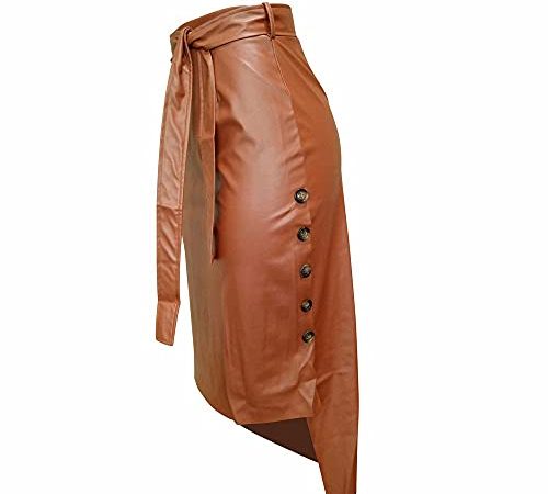 LAMCE Jupe en Cuir Automne/Hiver Fente Fendue pour Femme Jupe mi-Longue Mince Jupe en PU Brown-L