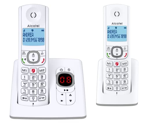 Alcatel F530 Voice Duo - Téléphone sans fil DECT aux coloris contemporains, Répondeur intégré, Mains libres, Ecran rétroéclairé, Sonneries VIP, 10 mélodies d'appel - Blanc/Gris