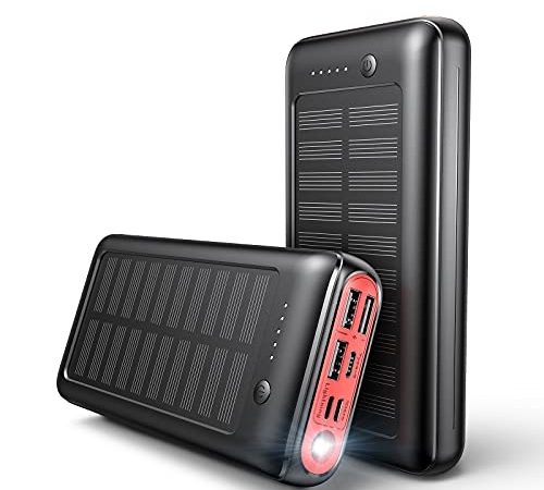 JIGA Batterie Externe Solaire 30000mAh, Batterie Chargeur Portable avec 4 Ports Sortie et 4 Entrées, Universel USB C Power Bank avec Lampe de Poche pour iPhone, Samsung, iPad etc