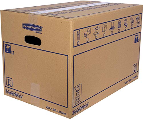 Bankers Box 6208301 Lot de 10 boîtes en carton de 43 x 30 x 25 cm avec poignées pour déménagements, rangement et transport Ultrarésistantes Canal double renforcé Taille M 32 litres