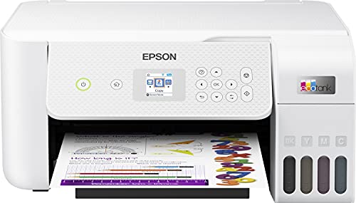 Epson Imprimante EcoTank ET-2826 avec réservoirs, Multifonction 3-en-1: Scanner / Copieur, A4, Jet d'encre couleur, Wifi Direct, Ecran, Faible coût par page, Kit d'encre inclus, Compact