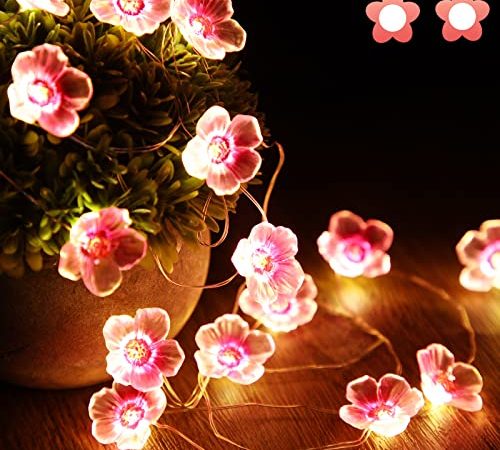 Guirlande lumineuse avec 40 LED en forme de fleur de cerisier rose, USB et à piles, pour Noël, chambre de fille, chambre à coucher, intérieur, extérieur, mariage, Saint-Valentin