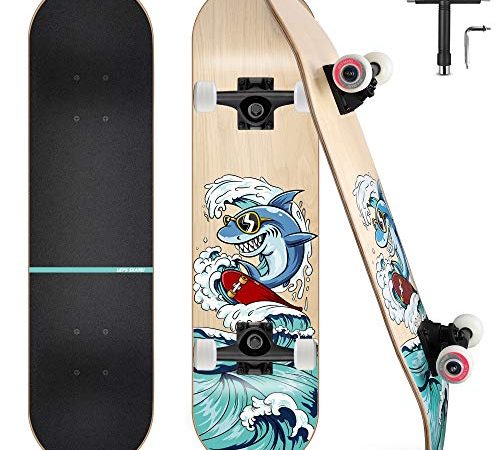 Skateboard, Funxim Skateboard Complet avec Double Kick Planche en Bois d'érable 7 Couches Standard 78 x 21 cm avec des Roulements à Billes ABEC-9 pour Adolescents, Adultes, Débutants (Requin)