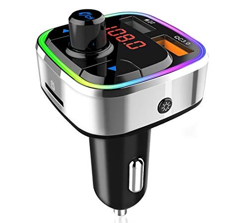 Transmetteur FM Bluetooth, Adaptateur Audio Sans Fil pour Autoradio Kit Voiture Mains Libres Avec Chargeur de Voiture QC3.0 & 5V/2.4A, Rétro-éclairage Coloré,Lecteur de Musique MP3 Support TF Card/USB