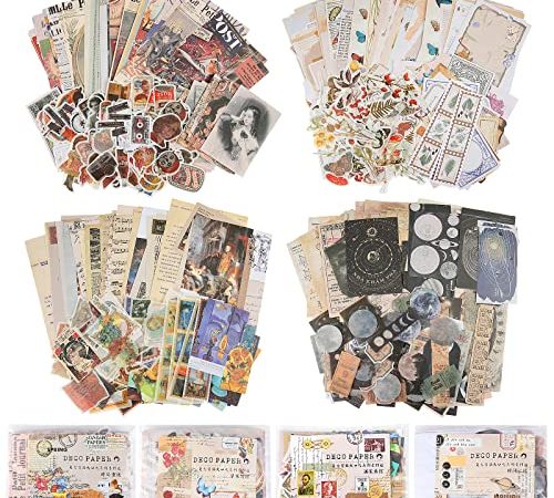 800 Pièces Autocollant Scrapbooking Vintage, Teklemon 4 Ensemble Papier Craft Vintage et Autocollants Washi Paper Stickers, Autocollants Décoratifs Rétro pour Scrapbook, Album Photo DIY, Journaling