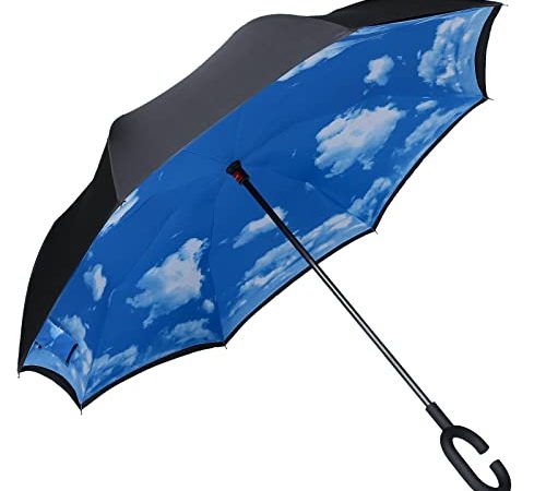Amazon Brand - Eono Parapluie Inversé, Anti-UV Double Couche Coupe-Vent Parapluie, Parapluie Résistant au Vent, Parapluie Pliant pour Voitures, Mains Libres Poignée en Forme C Parapluie - Ciel