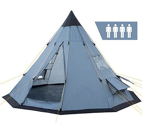 CampFeuer Tente tipi pour 4 personnes "Spirit" | Tente tipi d'extérieur étanche | Tente de camping avec moustiquaire | Tentes pyramidales pour le camping, l'extérieur, la plage et la randonnée, avec piquets et sac (gris)