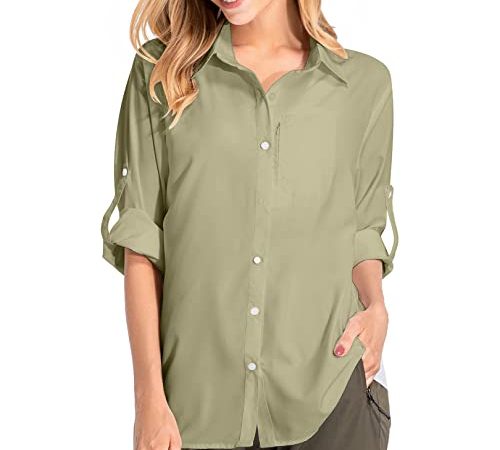 Chemise de randonnée légère à manches longues pour femme - Séchage rapide - Vêtements de safari pour voyage, pêche, 5019# Kaki, L