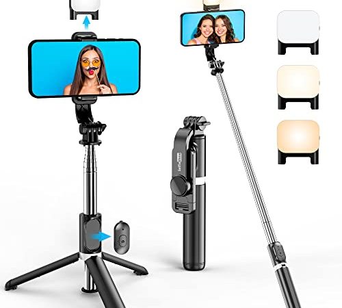 Perche Selfie Trepied avec Lumière, Perché à Selfie Trépied Smartphone Bâton Selfie Portable Télescopique avec Télécommande Amovible et Rotation à 360 ° pour iPhone, Samsung, Huawei