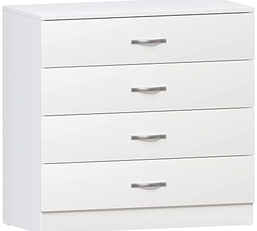Vida Designs Commode blanche, 4 tiroirs avec poignées et glissières en métal anti-déformations, pin