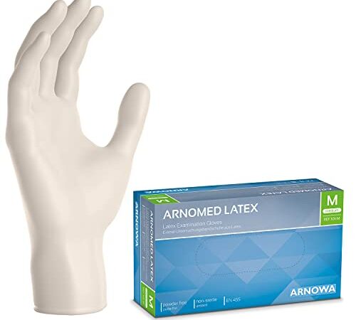 ARNOMED Gants latex jetables M, blanc, gants chirurgicaux jetables non poudrés, 100 pièces/boîte, gants à usage unique, gants en latex, gant latex disponibles en tailles XS, S, M, L & XL