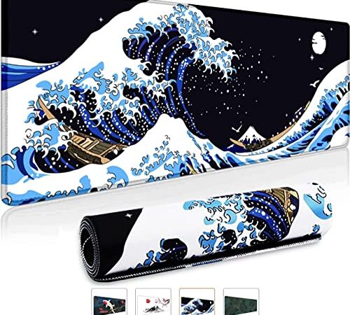 Gaming Tapis de Souris XXL 800 x 300 mm Japon Art Kanagawa Surf et Noir Tapis de Souris Grand Bords Cousus Imperméable Antidérapant pour PC, MacBook,Ordinateur Portable