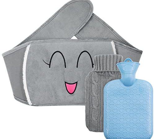 AGAKY Bouillotte 1L, Bouillotte Eau Chaude en PVC, Bouillotte Ceinture avec Housse en Peluche Souple, Anti-fuite Hot Water Bottle, Bouillotte Peluche Amovible et Lavable pour Adulte et Enfant, Gris