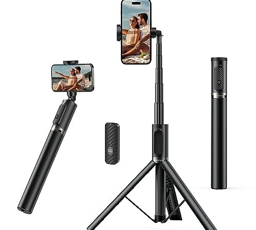 ATUMTEK Perche Selfie 140cm/55 Pouces, Trepied Smartphone avec Télécommande Bluetooth Rechargeable, Selfie Stick Tripod en Aluminium Extensible, Compatible avec Téléphones iPhone, Samsung et Android