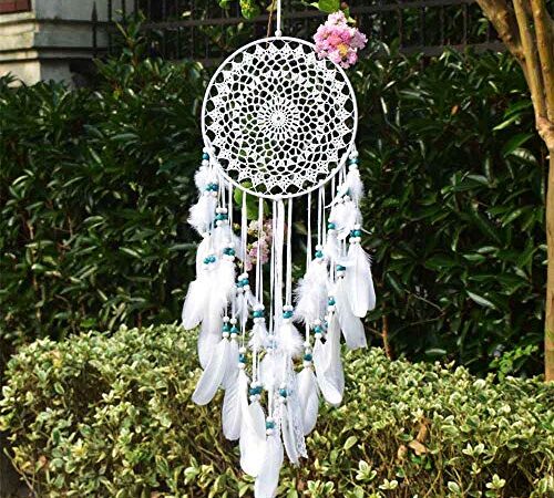 EasyBravo Grand Boho Capteur de rêves Plume Blanche et Perles Bleue Macramé Tenture Murale Vintage Wedding Home Décorations 20cm Cercle 70cm Long