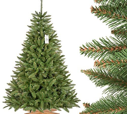 FAIRYTREES Sapin de Noël Artificiel, Épicéa Naturel, Tronc Vert, Socle en Bois, 180cm, FT01-180