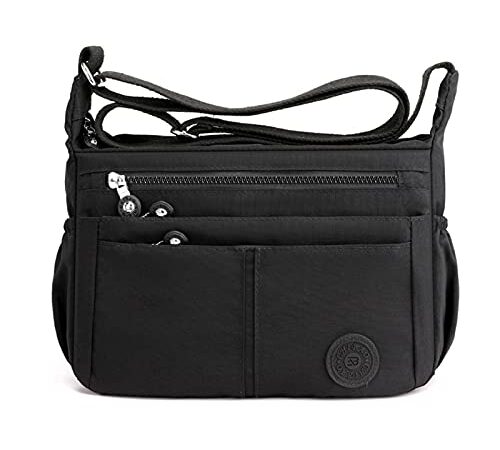 FANDARE Léger Sac à Bandoulière Femme Sacs D'épaule Sling Porté Epaule Sacoche Imperméable Nylon pour Voyage École Sports Achats Crossbody Bag Noir