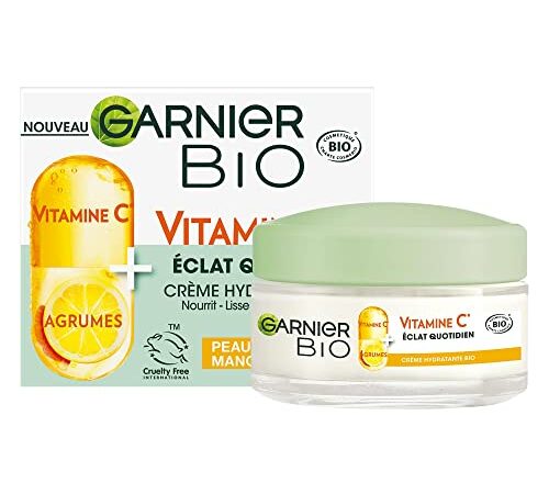 Garnier - Crème Hydratante Bio - Hydratation et Éclat Au Quotidien - Enrichi en Vitamine C et Agrumes - Pour les Peaux Sèches et Ternes - 50 ml