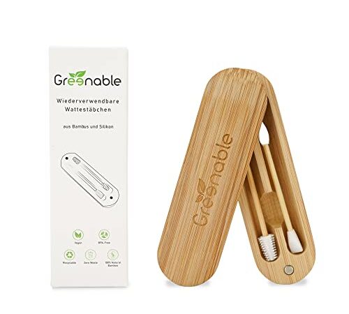 Greenable ® Coton-tiges en bambou et silicone [lot de 2] - Coton-tiges réutilisables et durables pour les oreilles - Démaquillant beauté avec rangement - Q-Tips sans plastique - Vegan & sans BPA