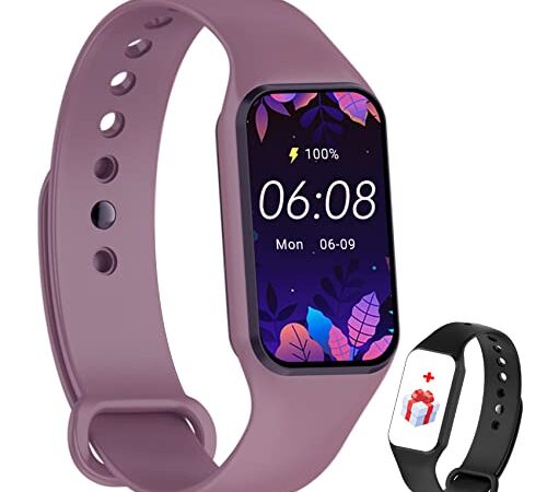 IOWODO Montre Connectée Femme Homme, Smartwatch, Montre de Sport, Étanche,Oxymètre Podomètre,Cardiofrequencemètre, Calories,Fitness pour Android iOS avec 2 Bracelets (Violet)