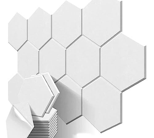 Kamiya Panneau Acoustique, Lot de 12 Panneaux Acoustiques-Mousse Acoustique Autocollante, Isolation Phonique Hexagonal Pour Studio D'enregistrement, Bureau, Studio et Mural 30 x 26 x 0,9 cm, Blanc (A)