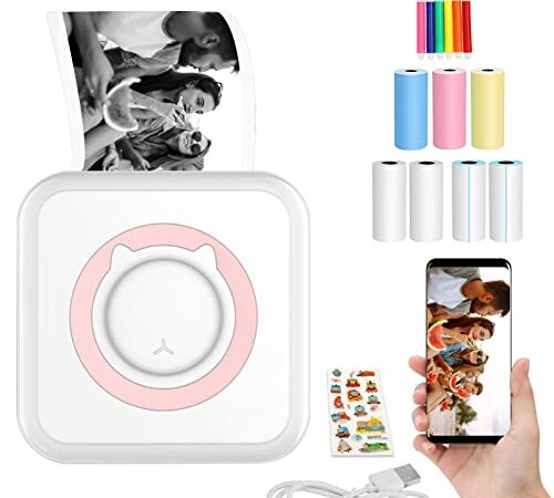 Mini Imprimante Photo Thermique de Poche Instantanée Portable, avec 7 Rouleaux Papier sans Fil Bluetooth Compatible avec iOS Android pour Image, Étiquette Impression sans Encre