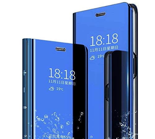 MLOTECH Coque pour Samsung A70,Flip Clear View Translucide Miroir Cover + Verre trempé Film Protecteur Standing 360°Housse étui Antichoc Smart Cover Bumper Bleu Ciel