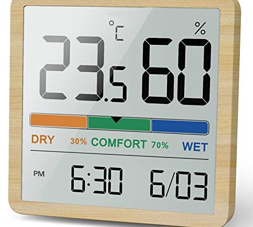 NOKLEAD Hygromètre Thermomètre d'intérieur, thermomètre numérique de bureau avec moniteur de température et d'humidité, thermomètre d'ambiance à jauge d'humidité précise avec horloge(Grain de bois)