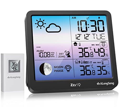 Station Météo Sans fil Interieur Extérieur, ALongSong Thermomètre Hygromètre Baromètre Horloge Numérique Réveil et Snooze Avec Capteur LED Ecran Rétro-éclairage Alimentee par USB Câble ou AAA Piles