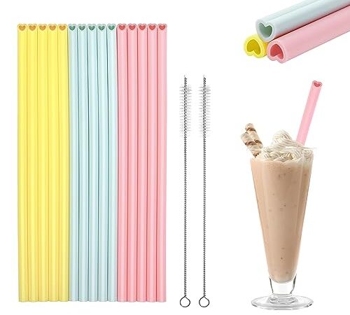 Winter Shore Pailles Reutilisables en Forme de Cœur [Pack de 15] - Paille Silicone Reutilisable & Souple - Milkshake, Cocktail & Jus - 2x Brosse Paille Nettoyage Incluses - Compatible Lave Vaisselle