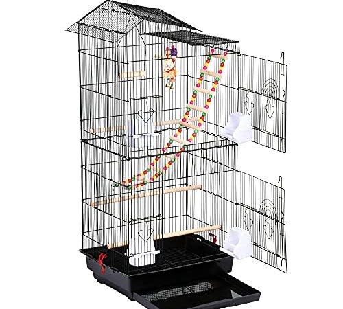 Yaheetech Cage à Oiseaux avec 3 Jouets Poignée Portable 4 Mangeoires 3 Perchoirs Cage pour Perruche Calopsitte Conure Pinson Canaris 46 x 35,5 x 99 cm