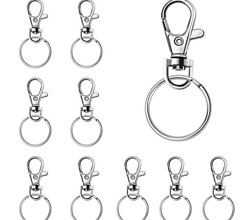 20 Pièces Anneaux Porte Clef,Porte-clés Rotatif,Crochet Porte Clef,Porte Clef Mousqueton,Fermoir Mousqueton,Mousqueton Pivotant,Métal,DIY Décoration,10 Mousquetons et 10 Porte-clés(Argent)