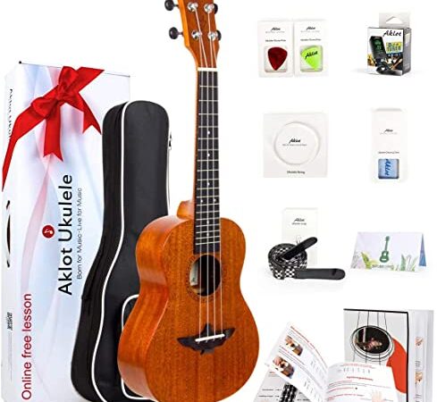 Aklot Concert Ukulele 23 Pouces Ukulélé Acoustique Yukulele Professionnel Acajou Ukelele Débutants Petitioner Ensemble avec Haute Qualité Sac de Avec Cours en ligne et Kit