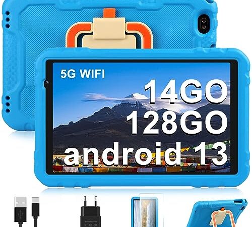 AOCWEI Tablette Enfant 10 Pouces, Tablette Android 13, 14 Go RAM + 128 Go ROM (TF 512 GB) | Octa-Core | 5+8 MP | 5G WiFi | 8000 mAh | 2 Ans de Garantie, Coque Antichoc Robuste - EVA - Bleu