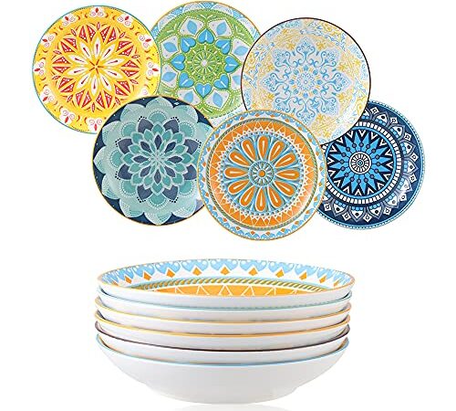 Assiettes Plates Assiette Creuse Porcelaine - Lot de 6 Assiette a Pates | Salade | Soupe | Dessert | Risotto - 680 ml - 20×4 cm