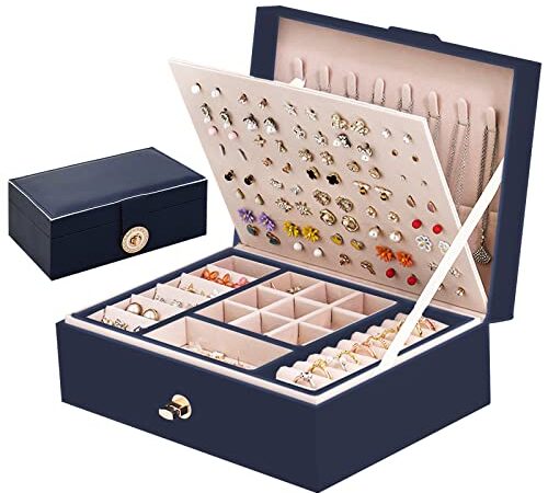 Boîte à Bijoux Rectangulaire pour Femme Filles Ninonly 2 Niveaux Coffre de Rangement en Cuir Imperméable Présentoirs Verrouillable Boite a Bijoux pour Colliers, Bagues, Bracelets Bleu