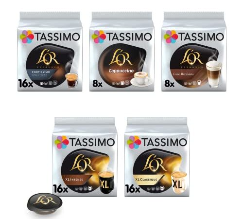 Café Dosettes Tassimo - Assortiment 5 variétés -Latte Macchiato, Cappuccino, XL Classique, XL Intense, Espresso Fortissimo- Lot de 5 ( 64 boissons)