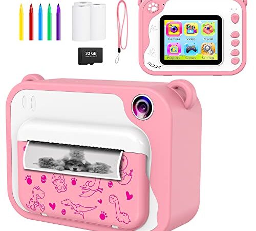 Caméra Enfants, Appareil Photo Enfants à Impression Instantanée, 2,4 Pouces 1080P écran Appareil Photo Numérique pour Enfants, 32GB SD Carte, Stylo 5 Couleurs, Cadeaux pour Garçon et Fille (P81 Rose)