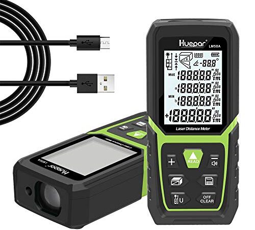 Huepar Télémètre Laser 50m de Haute Précision avec Batterie Li-ION et Capteur d'angle Électronique, Écran LCD Rétro-Éclairé, Modes de Mesure Multiples M/in/Ft, Pythagore, Distance, Volume-LM50A