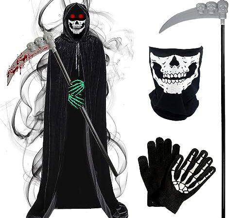 Hukermoon Déguisement Halloween Faucheuse Enfants Cape à Capuche Noire, Robe Costume de Faucheuse Halloween Déguisement Faucheur pour Enfants avec Masque Crâne, Gants Faux pour Carnaval Cosplay Party