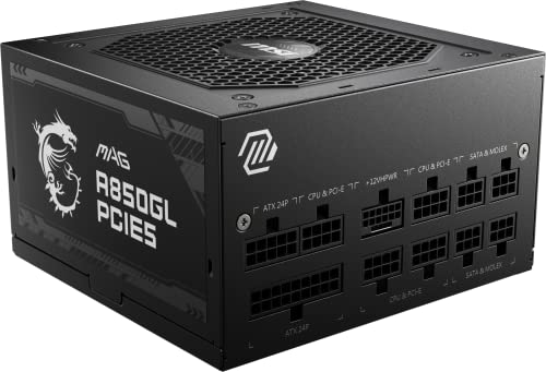 MSI MAG A850GL PCIE5 Bloc d'alimentation, 850W 80 Plus Gold, Entièrement Modulaire, ATX 3.0, Supporte GPU PCIe 5.0, Ventilateur FDB 120mm, LLC Full-Bridge, Câbles Plats Noirs - Garantie 7 Ans