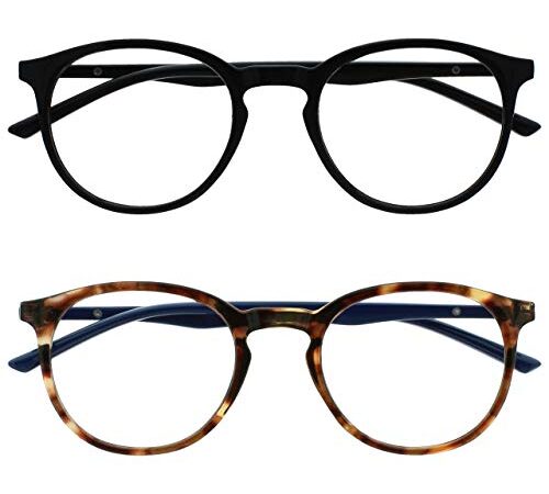 OPULIZE Met Lunettes de Lecture Anti-Lumière Bleue Pack de 2 Montures Rondes et Mincess Charnières à Ressort Améliore le Sommeil Jeux Ordinateur Noir Marron Hommes Femmes BB60-12 +2.50