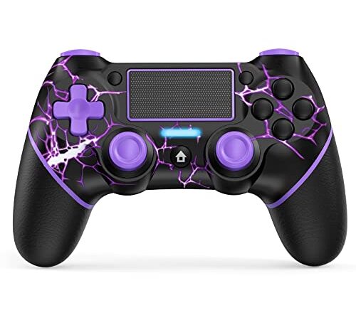 Reddening Controller sans fil pour ps4/PC Manette de jeu sans fil avec moteurs de mouvement et fonction audio, mini-indicateur LED, câble USB et antidérapant （lila）