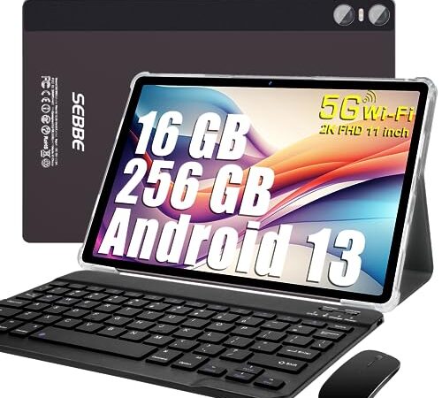 SEBBE Android 13 Tablette 11 Pouces Écran 2K Tablette 16 Go RAM+256 Go ROM (TF 1 to), Tablette Tactiles avec Processeur Octa-Core 2.0 GHz, 5G WiFi, 10000mAh, 8+20MP, Tablette PC 2 en 1 - Brun