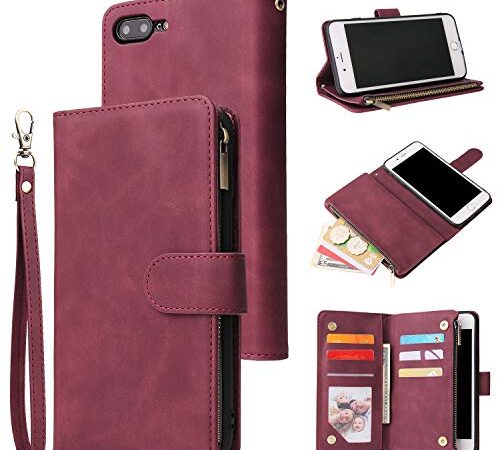 UEEBAI Coque pour iPhone 7 Plus/iPhone 8 Plus, Etui en Cuir PU Portefeuille Rétro Antichoc Flip Case Housse avec Fentes de Cartes Fonction Support, Fermeture Magnétique - Vin Rouge