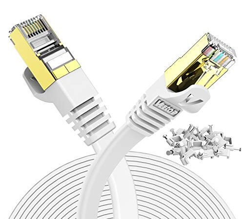 Veetop Cable Ethernet 20m Rj45 Plat Cat 7 Câble de Réseau 10 Gigabit/s Blanc Pour Imprimante