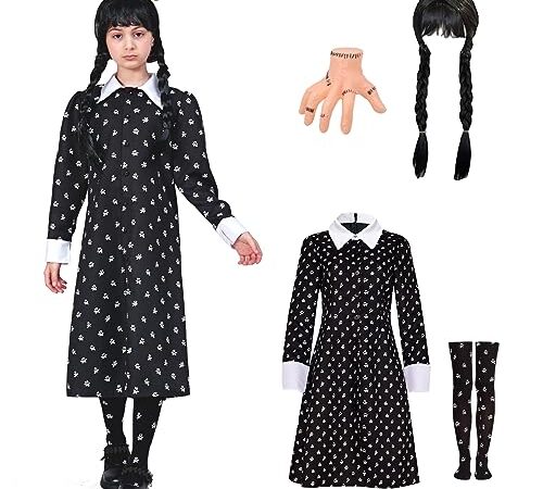 ZUCOS Mercredi Costume pour filles Costume d'Halloween Fête Cosplay Spectacle de scène Robe tête de mort 10-12 ans